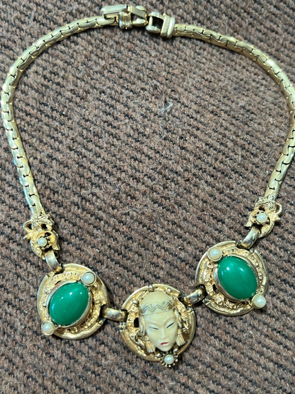 Vintage Gold Necklace with Green Cabochons and Cameo Medallion